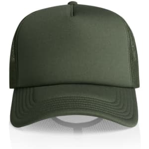 A green Frame Foam Trucker Cap with a plain design and mesh back. Features a logo on the front.