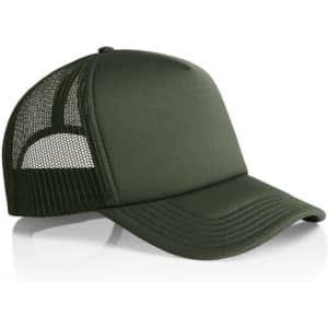 A green foam trucker cap with a mesh back and a curved brim, featuring a logo on the front.