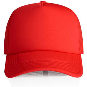 A red Frame Foam Trucker Cap with a structured front and mesh back, featuring a logo.