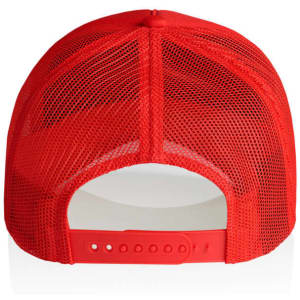 A red trucker cap featuring a mesh back and an adjustable strap. It has a logo on the front.