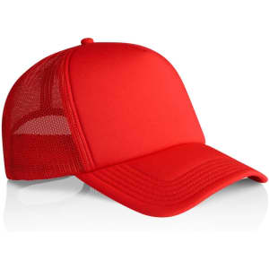 A red foam trucker cap featuring a solid front panel and mesh back. Includes a logo on the front.