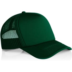 A dark green foam trucker cap with a mesh back and a rounded peak, featuring a logo on the front.