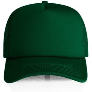A green foam trucker cap with a structured front and mesh sides, featuring a logo on the front.