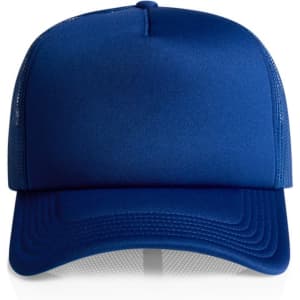 A blue Frame Foam Trucker Cap with a solid front panel and mesh side panels, featuring a logo.