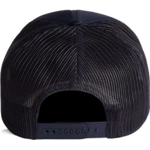 A black trucker cap featuring a mesh back and an adjustable strap. It includes a logo on the back.