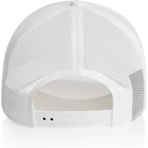 A white foam trucker cap featuring a mesh back and an adjustable strap. It includes a logo on the side.