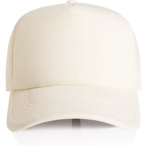 A cream-coloured foam trucker cap featuring a solid front and a mesh back, with a logo on the front.
