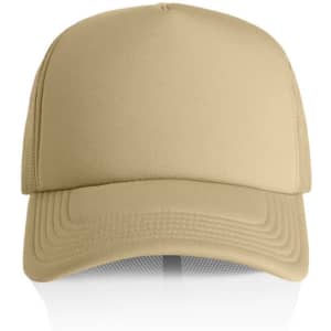 A tan foam trucker cap with a structured front and mesh back, featuring a logo on the front.