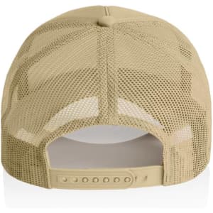 A beige trucker cap featuring a mesh back and an adjustable snap closure. It has a logo on the front.