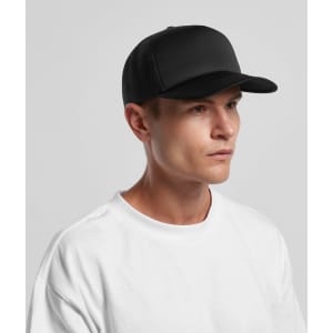 A black trucker cap with a solid front and mesh back, featuring a logo at the front.