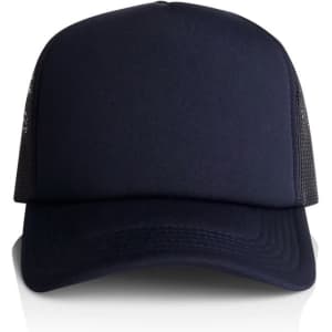 A navy trucker cap featuring a solid front panel and mesh sides, with a logo on the front.
