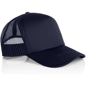 A black foam trucker cap featuring a mesh back and a solid front panel. The cap has a logo on it.