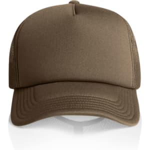 A brown trucker cap with a foam front and mesh back, featuring a logo on the front.