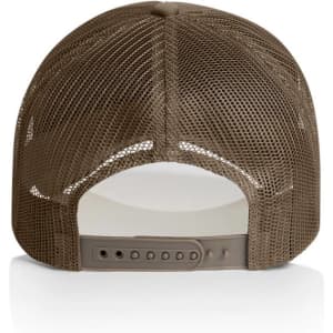A brown foam trucker cap featuring a mesh back and adjustable strap, showcasing a simple design.