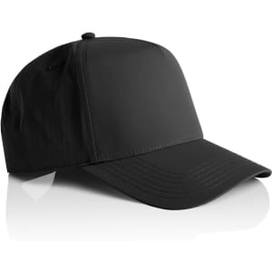 A black nylon cap with a structured design and a logo at the front. Ideal for headwear promotions.