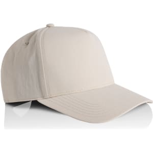 A beige nylon cap with a structured front and extended brim, featuring a logo. Ideal for casual wear.