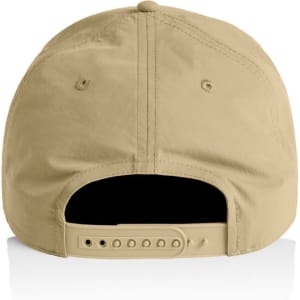 A khaki nylon cap featuring a rear strap adjustment and ventilation holes. It includes a logo on the back.