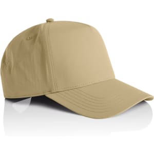 A beige nylon cap with a curved brim and a structured design, featuring a logo on the front.