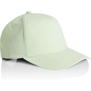 A light green cap with a structured design and a curved peak, featuring a branding logo.