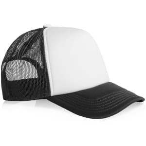 A two-tone trucker cap featuring a white front and black mesh sides and back, complete with a logo.