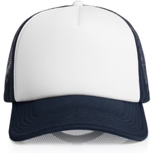A two-tone trucker cap featuring a white front panel and navy mesh sides. It includes a logo on the front.
