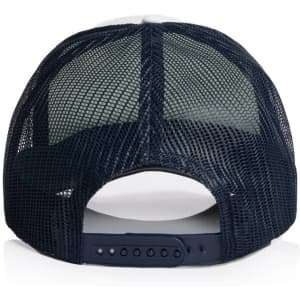 A two-tone trucker cap featuring a navy mesh back and an adjustable strap. The cap has a logo on the back.