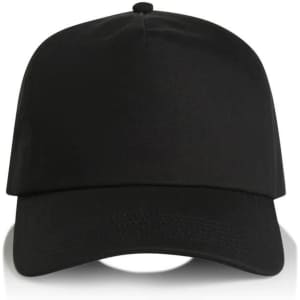 A black cap with a structured design and a logo on the front.