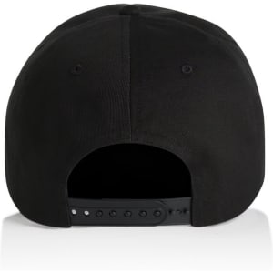 A black soft cap featuring a snapback closure and a plain design, with a logo on the back.