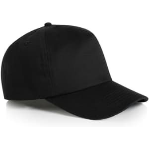 A black soft cap with a curved brim and a branding logo, positioned at a slight angle.