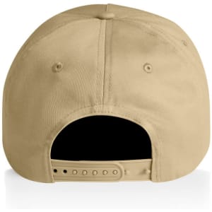 A beige cap featuring a back closure with snap adjustments and ventilation holes. It has a logo on the back.