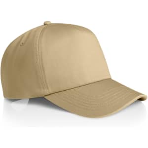 A beige cap with a structured design and a curved brim, featuring a logo on the front.