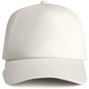 A soft cap in a light cream colour with a visor and a logo on the front.