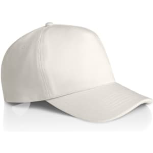 A beige soft cap with a curved brim and a structured crown, featuring a logo on the front.