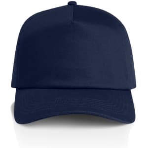 A navy blue cap with a structured design and a logo on the front.