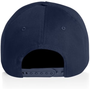 A navy soft cap with a snapback closure, featuring a logo on the back.