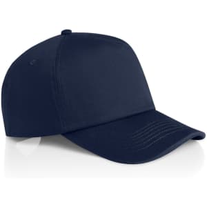 A navy blue soft cap with a curved brim and a structured front, featuring a logo.