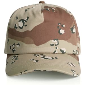 A soft camo cap featuring a mix of beige, brown, and green patterns, with a logo on the front.