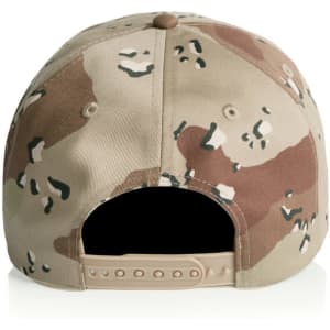 A camouflage cap in shades of tan, brown, and green, featuring a snapback closure and a small logo.