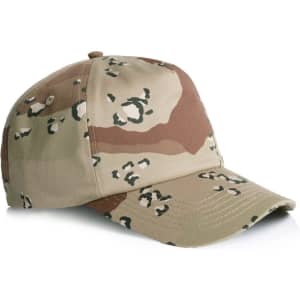 A soft camo cap in shades of beige and brown with a subtle camouflage pattern, featuring a logo on the front.