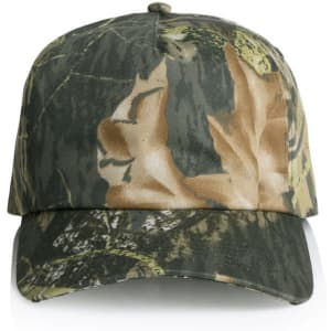 A camo cap in shades of green and brown with a leafy pattern, featuring a logo on the front.