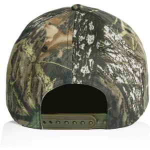 A camo cap featuring a soft fabric design in shades of green and brown, with a plastic adjustable strap at the back.