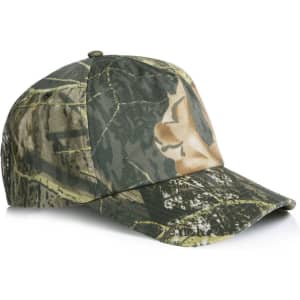 A soft camo cap in shades of green and brown with a curved brim and a logo on the side.