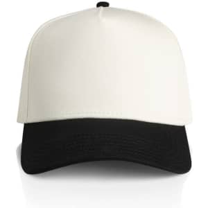 A two-tone cap featuring a white front and a black brim, with an adjustable strap and logo branding.