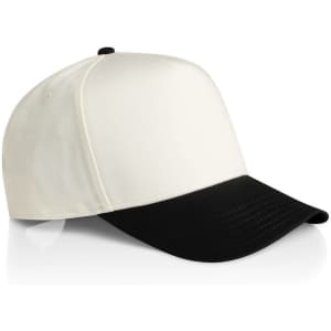 A two-tone cap featuring a white crown and a black brim, with a logo on the side.