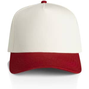 A two-tone cap featuring a white front and a red peak, complete with a logo.