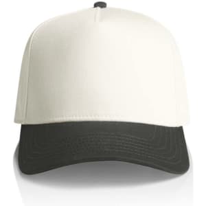 A two-tone cap featuring a white front and a black brim, with a logo on the front.