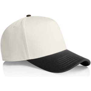 A two-tone cap featuring a white front and black peak, with a logo on the side.