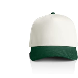 A two-tone cap featuring a white crown and a dark green peak, with a logo on the front.