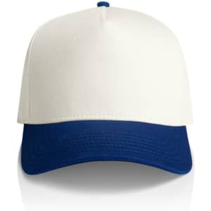 A two-tone cap featuring a white front and a navy blue peak, with a logo on the front.