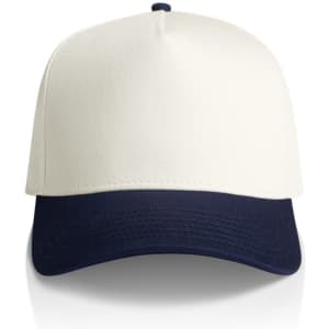 A two-tone cap featuring a cream upper and navy blue brim, with a logo on the front.